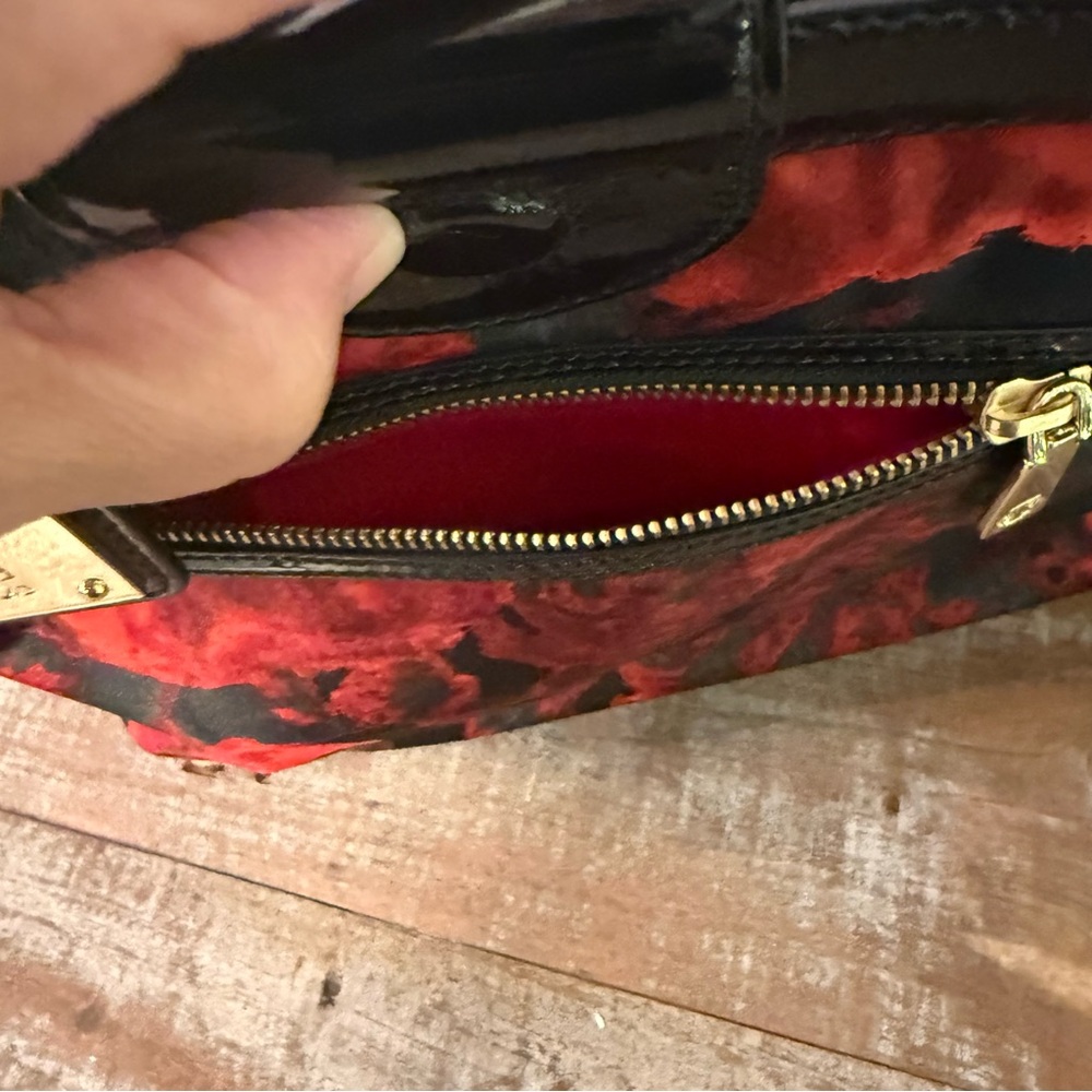 Talbots Black Red Floral Fabric Shoulder Tote Black Faux Patent Leather Trim - Picture 7 of 13